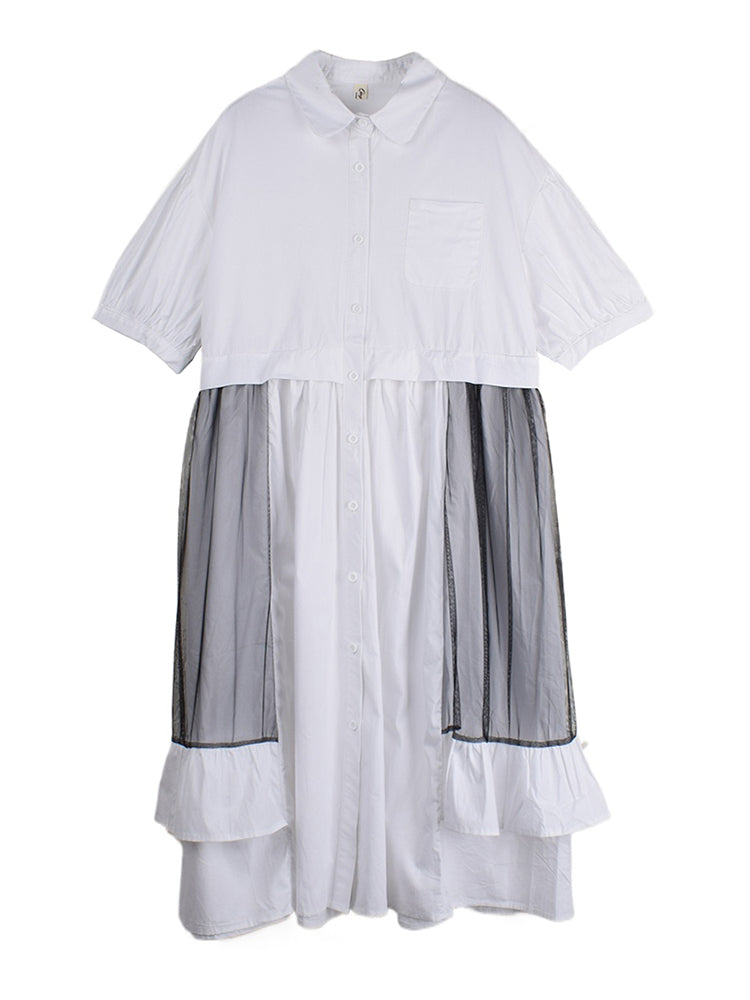 XITAO Patchwork Gauze Irregular Female Dress Turn-down Collar Single Breasted Loose Ruffles Summer Woman Shirt Dress ZMY1229