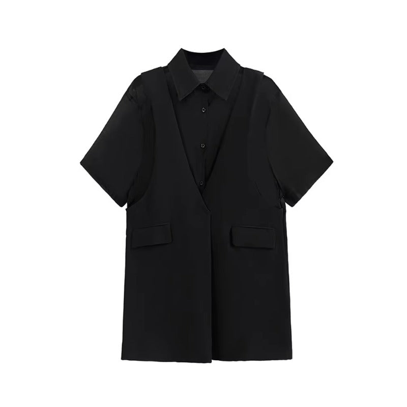 XITAO Patchwork Single Breasted Fake Two Pieces Dress Women Short Sleeve Pullover Solid Color Temperament Casual Dress ZMY1308
