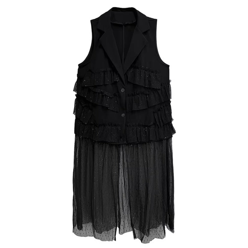 XITAO Pleated Mesh Patchwork V-neck Dress Loose Fitting Thin Single Breasted New Arrival Summer Women Dress ZMY1332
