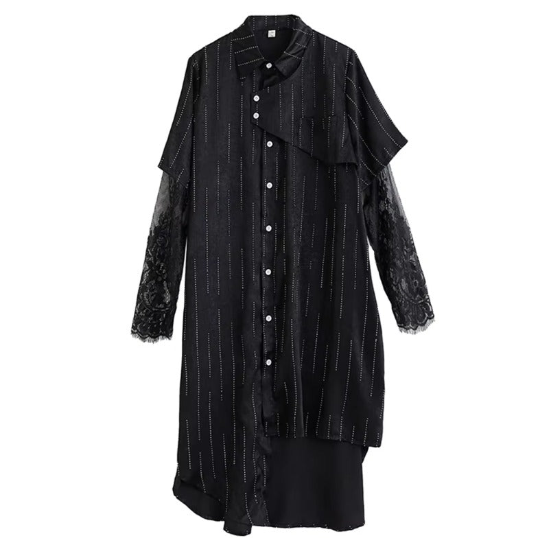 XITAO Irregular Patchwork Mesh Single Breasted Dress Loose Fitting Thin Fashion Stripe Pocket Lapel Summer Female Dress ZMY1346