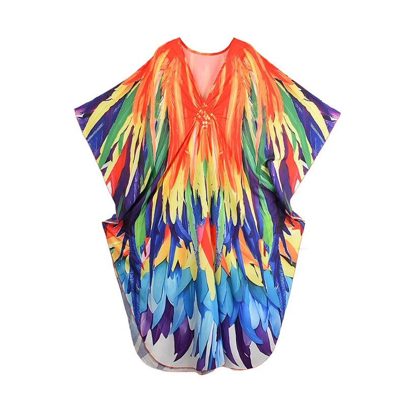 XITAO Bat Wing Sleeve Vintage V-neck Print Dress Loose V-neck Casual Side Slit Temperament Personality Summer Woman Dress GJ1160