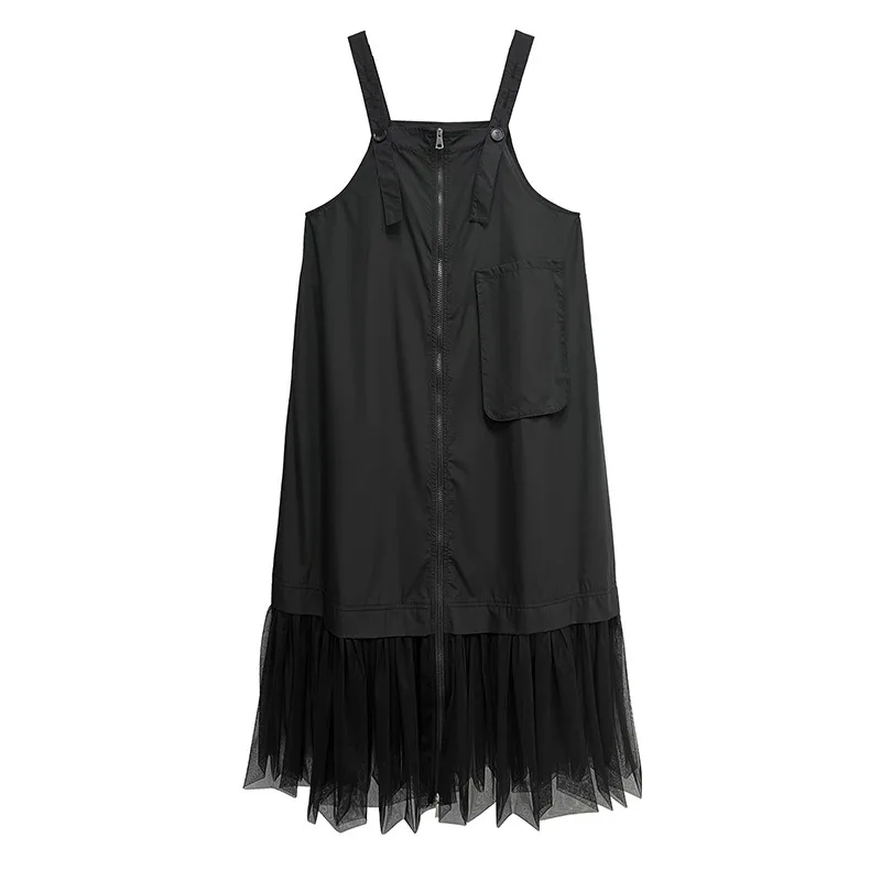 XITAO Pocket Patchwork Gauze Dress Zipper Solid Color Temperament Sleeveless Slimming Summer Woman Loose Casual Dress ZMY1335