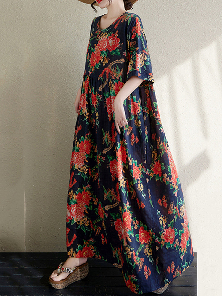 XITAO Pleated Print Flower Dress Half Sleeve A-line O-neck Casual Loose Fitting Sweet Simple All Match Women Dress ZMY1125
