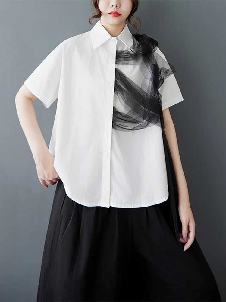 XITAO Patchwork Mesh Turn-down Collar Shirt Casual Solid Color Loose Fitting Vintage Slimming Summer Women Blouse GYX1536