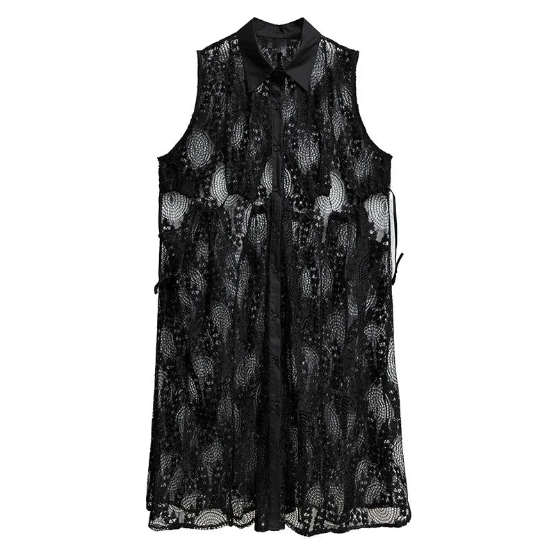 XITAO Lace Patchwork Sleeveless Dress Casual A-line Hollow Out Solid Color New Personality Turn-down Collar Women Dress GYX1661