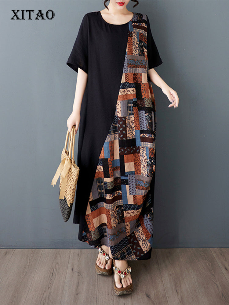 XITAO Asymmetrical Patchwork Dress O-neck Print A-line Half Sleeve Comfortable Pullover Summer Women Dress ZMY1130