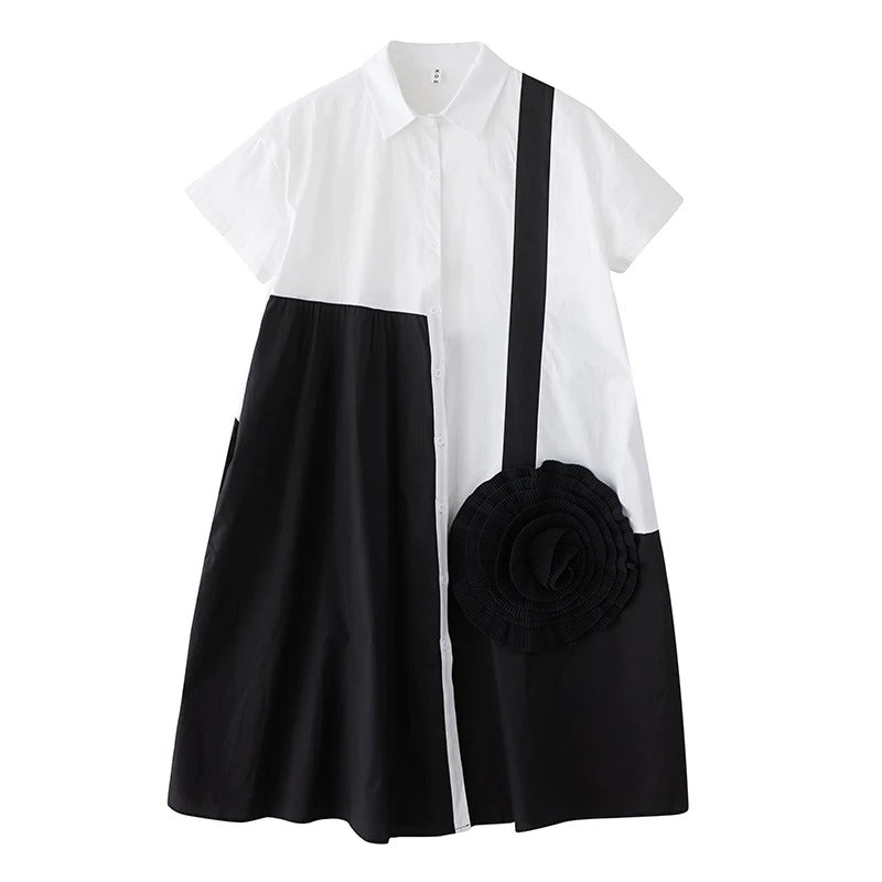 XITAO Patchwork Contrast Color Women Dress Casual Turn-down Collar Sweet Short Sleeve Temperament Summer Female Dress ZMY1361