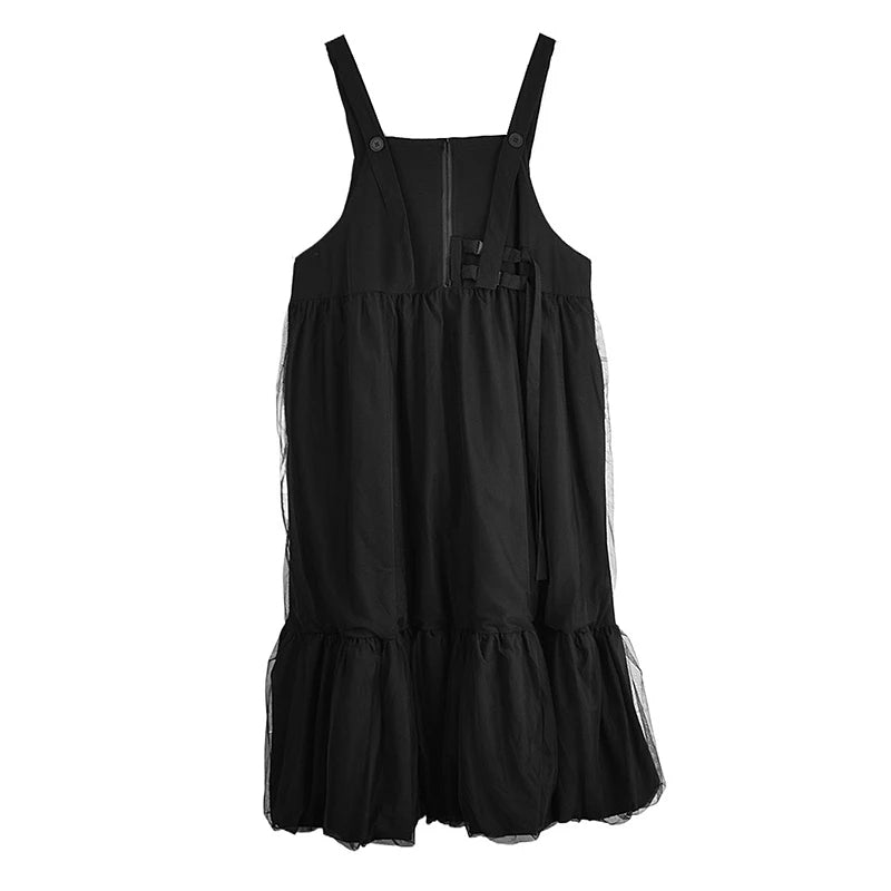 XITAO Patchwork Gauze Pleated Dress Solid Color Casual Sleeveless Loose Zipper Summer Woman Shoulder Strap Dress GYX1652