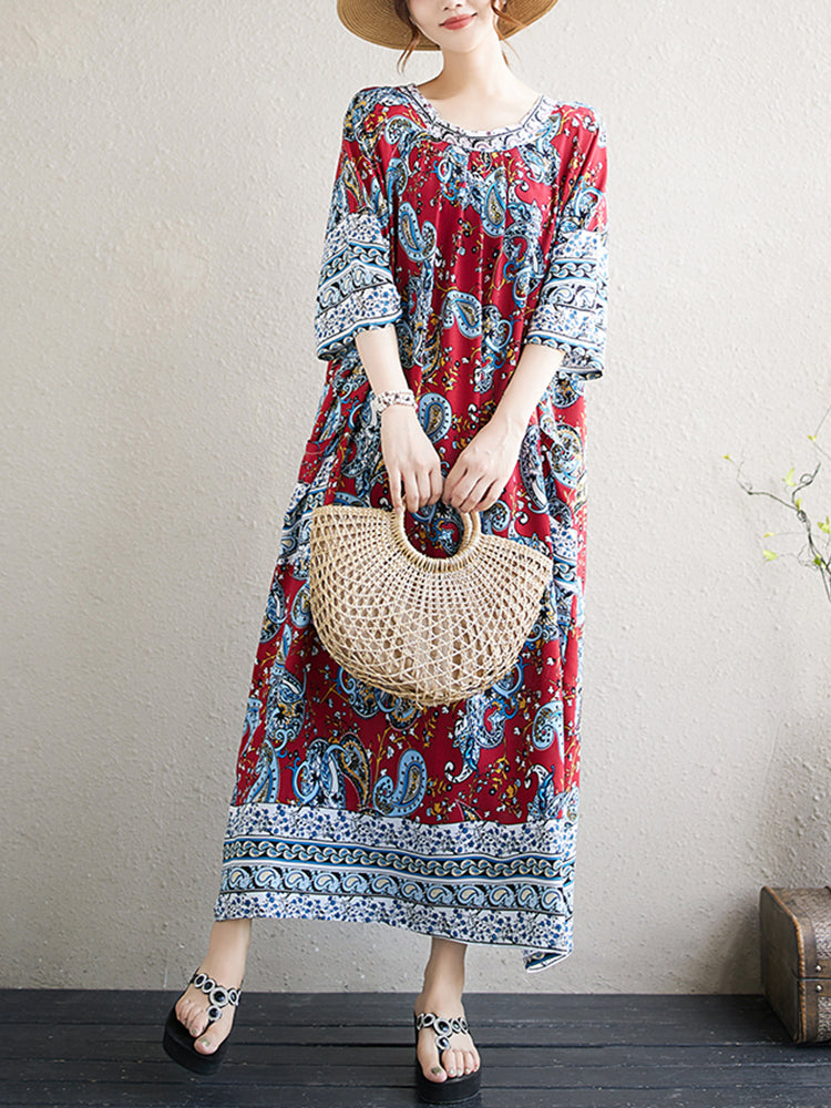XITAO Pleated Print O-neck Dress Loose Fitting A-line Half Sleeve Long Style Pullover Summer Women Dress ZMY1099