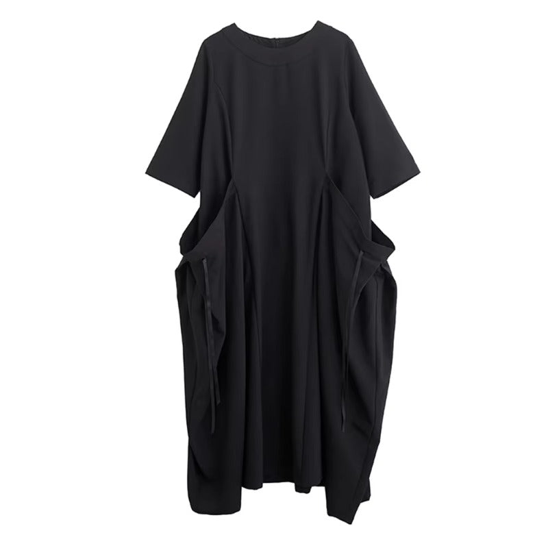 XITAO Pocket Patchwork Bandage Solid Color Dress O-neck Pullover Loose Half Sleeve Ankle-length Slim Temperament Dress HQQ2514