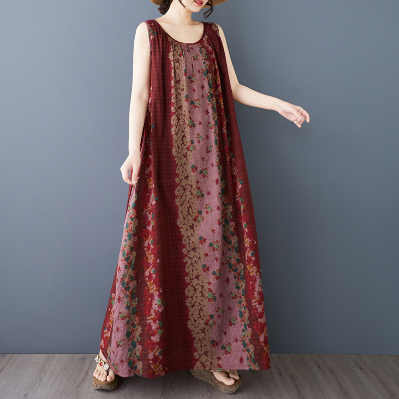 XITAO Print Contrast Color Dress Casual Loose A-line O-neck Sleeveless Long Style Comfortable Fitting Summer Women Dress ZMY1092