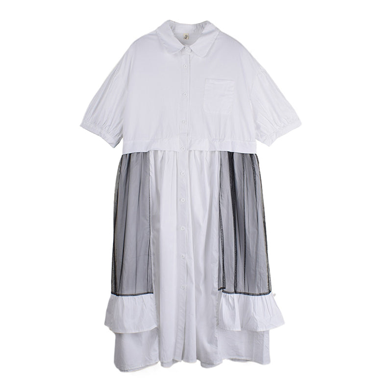 XITAO Patchwork Gauze Irregular Female Dress Turn-down Collar Single Breasted Loose Ruffles Summer Woman Shirt Dress ZMY1229