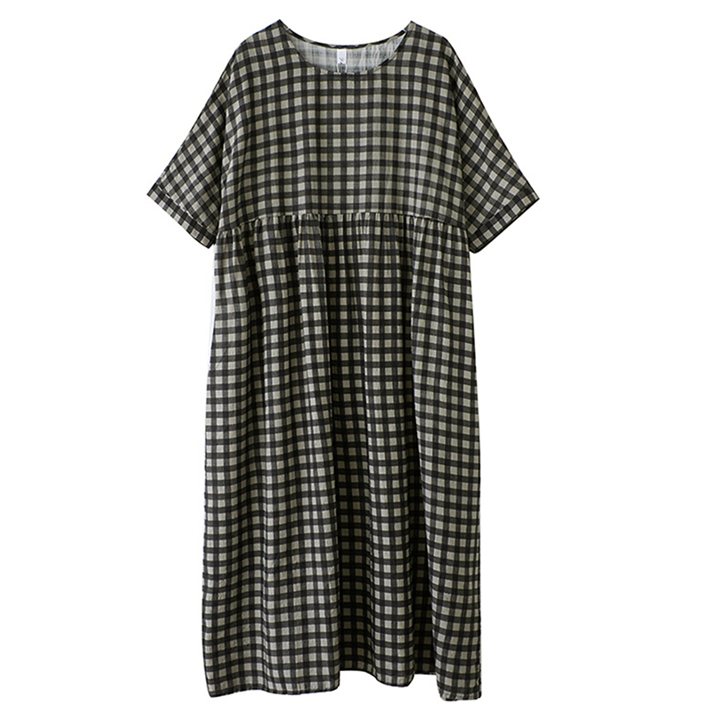 XITAO Grid Short Sleeve Dress Folds A-line O-neck Casual Loose Simple Pullover Thin Summer Female Dress ZMY1115