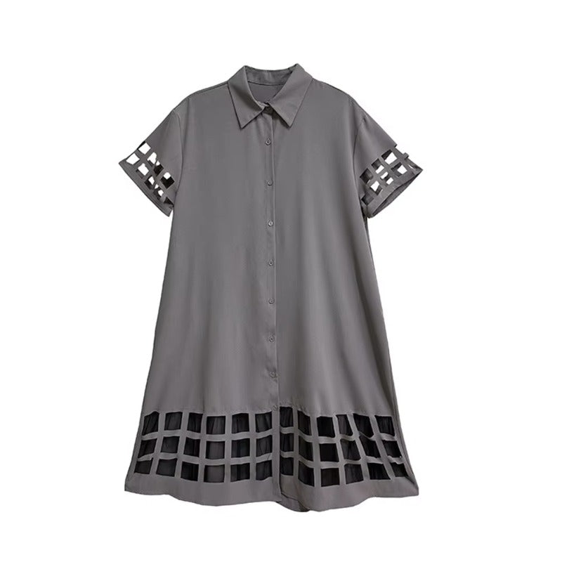 XITAO Hollow Out Patchwork Mesh Half Sleeve Dress Turn-down Collar Vintage Casual Solid Color Single Breasted Dress GMM1351