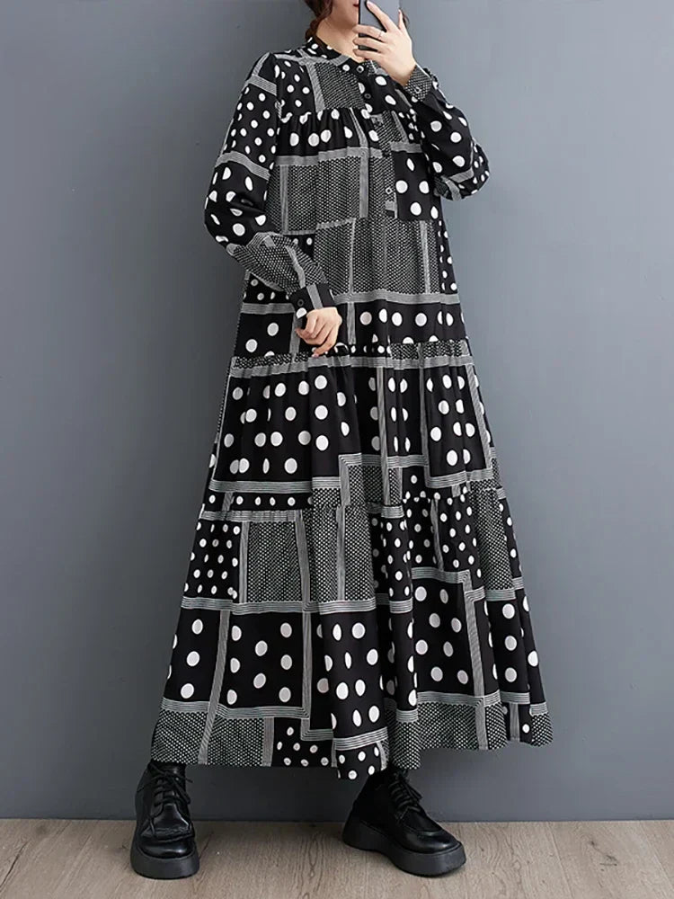 XITAO Print Dot Pullover Stand Collar Long Sleeve Dress Loose Patchwork Spring New Arrival Casual Fashion All Match DMJ2426