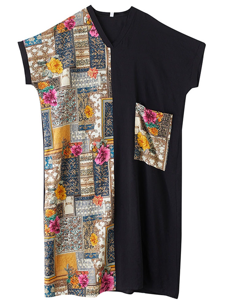 XITAO Asymmetrical Print Patchwork Pocket Dress V-neck Loose Fitting Half Sleeve A-line Summer Women Dress ZMY1117