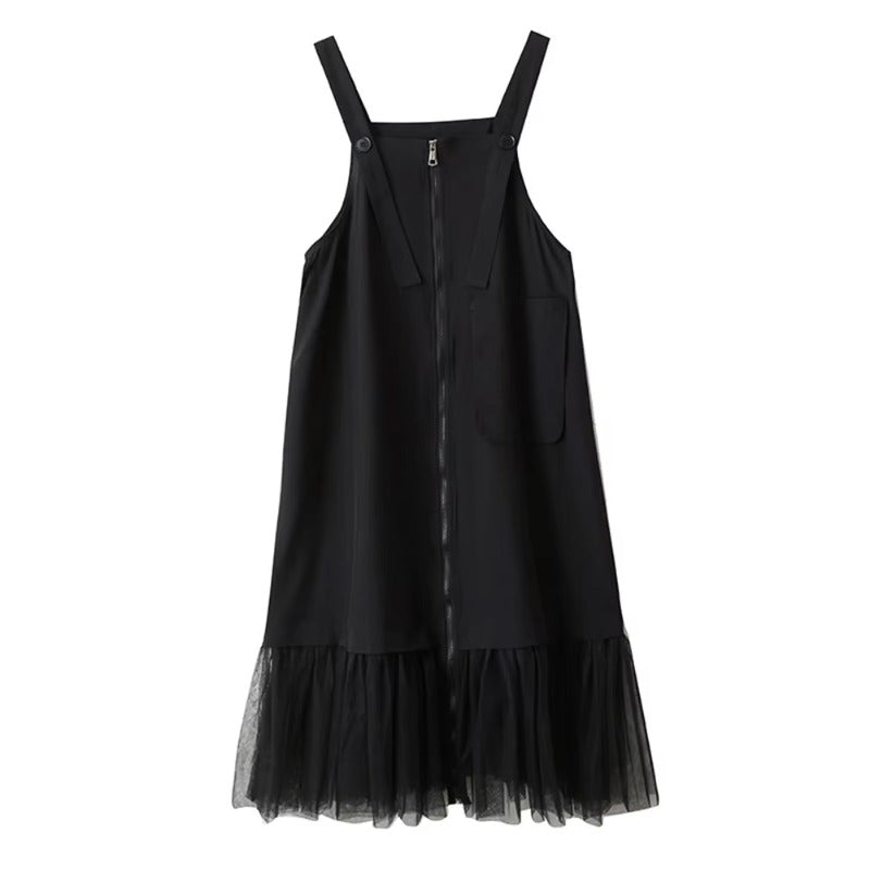 XITAO Zipper Pleated Gauze Dress Pocket Sleeveless Loose Vintage Temperament Patchwork Solid Color Summer Woman Dress ZMY1336