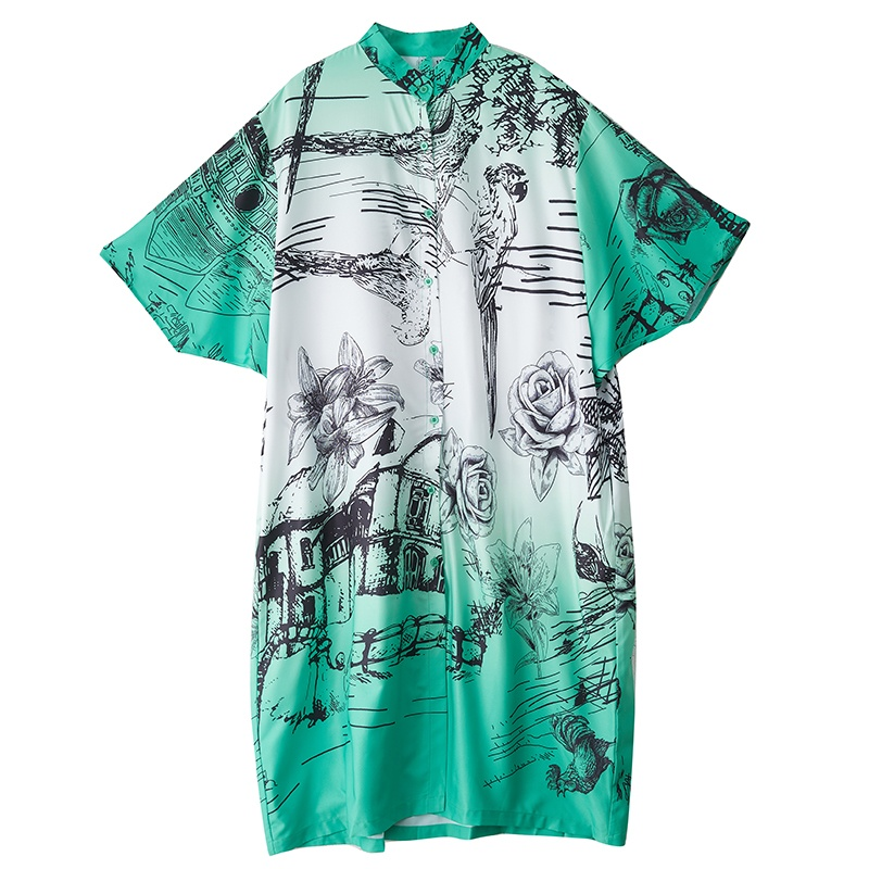 XITAO Chinese Style Printing Short Sleeve Dress Vintage Fashion Female New Summer Single Breasted A-line Shirt Dress DMJ4080
