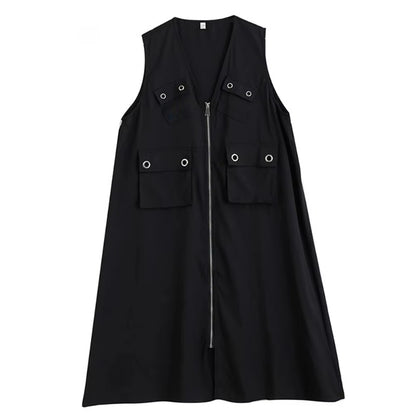 XITAO Sleeveless V-neck Zipper Dress Loose Pocket Patchwork Women Summer Casual A-line Temperament Solid Color Dress ZMY1328