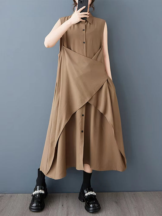 XITAO Patchwork Single Breasted Lapel Dress Casual Solid Color Sleeveless Fashion Loose Fitting Sweet Spring Women Dress GYX1530