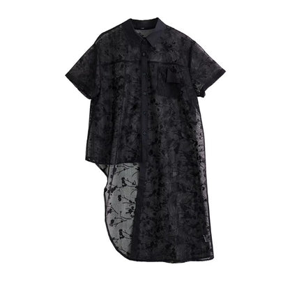 XITAO Asymmetrical Turn-down Collar Dress Single Breasted Solid Color A-line Patchwork Mesh New Summer Women Dress ZMY1360