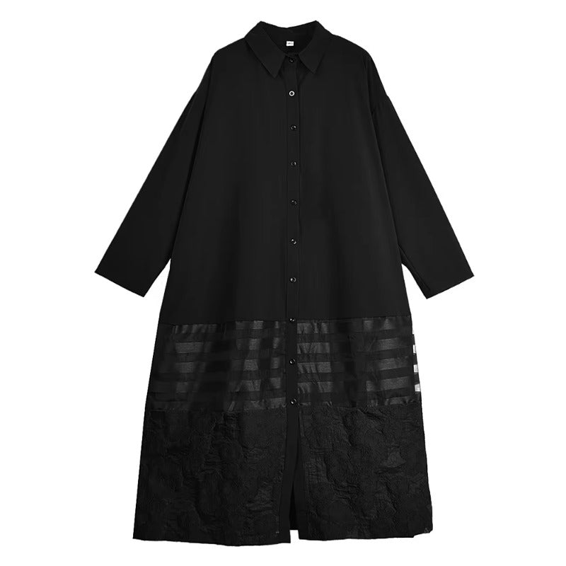 XITAO Striped Patchwork Black Dress Turn-down Collar Single Breasted Full Sleeve Temperament Slimming All-match Dress ZY8947