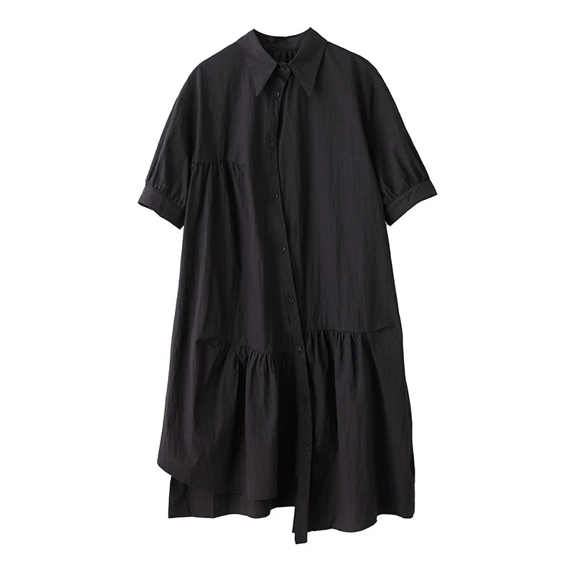 XITAO Irregular Pleated Turn-down Collar Dress Single Breasted Solid Color A-line Loose Half Sleeve Summer Female Dress GYX1656