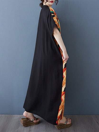 XITAO Print Patchwork Pocket Dress Short Sleeve Pullover Loose V-neck Casual Slimming Ankle-Length All Match Dress ZMY1085