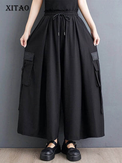 XITAO Elastic Waist Pocket Lace-up Pant Casual Solid Color New Wide-leg Slimming Fashion Leisure Spring Women Pant GYX1548