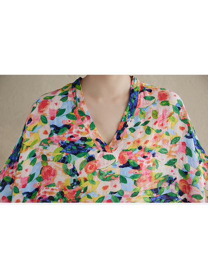 XITAO Vintage Print Loose Batwing Sleeve Dress Pullover Loose V-neck All Match Vacation Style Ankle-Length Dress ZMY1003