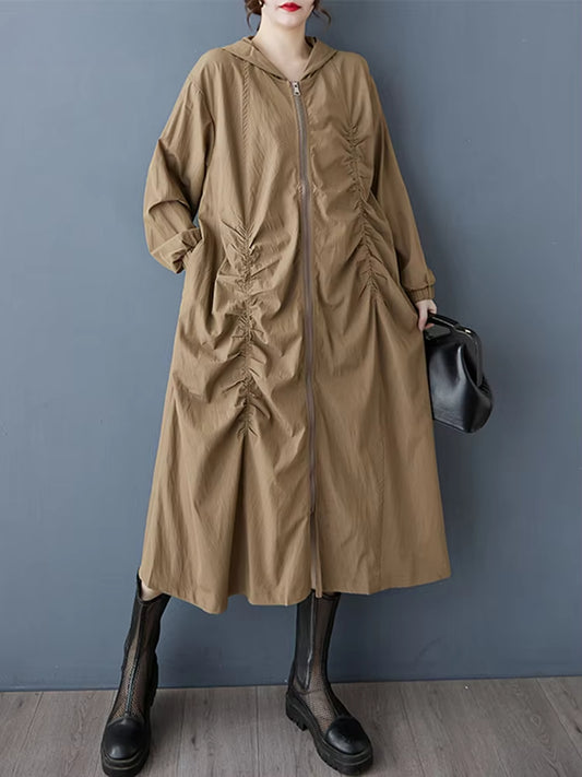 XITAO Zipper Hooded Pleated Dress Casual Full Sleeve Leisure Korea Literary Style Solid Color A-line Spring Women Dress ZY8936