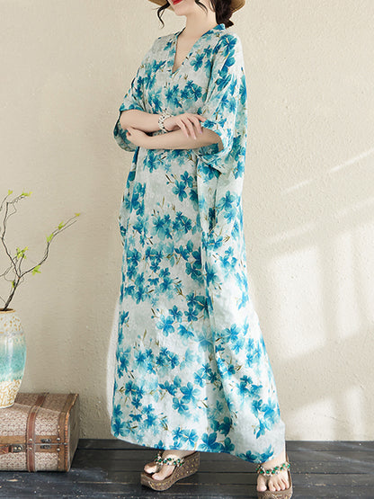 XITAO Flower V-neck Print Dress A-line Half Sleeve Elegant Long Style Leisure Cute Symmetry Summer Dress ZMY1005