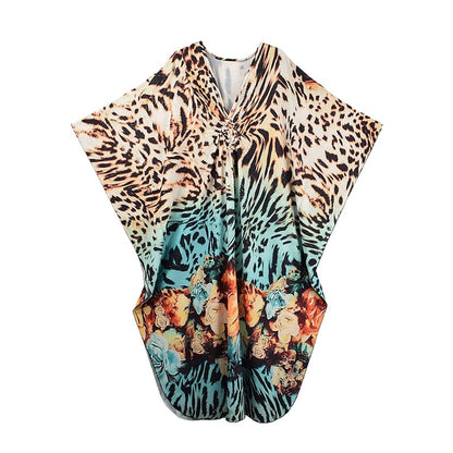 XITAO Leopard V-neck Vintage Dress Print Side Slit New Arrival Bat Wing Sleeve Loose Casual Pullover Summer Woman Dress GJ1179