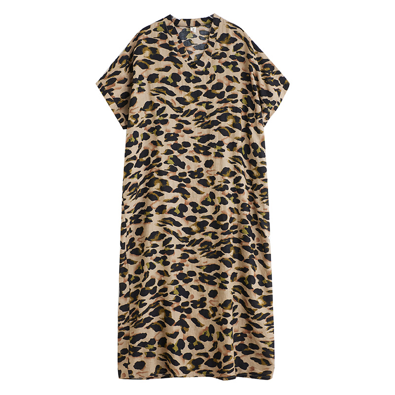 XITAO Leopard Print Half Sleeve Dress V-neck Leisure Simple Long Vintage Vacation Style Summer Female Dress ZMY1039