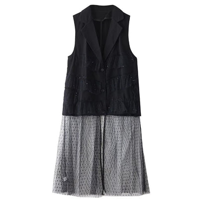 XITAO Gauze Patchwork Sequin Dress Sleeveless V-neck Loose Casual Single Breasted Solid Color Mesh Summer Woman Dress ZMY1320