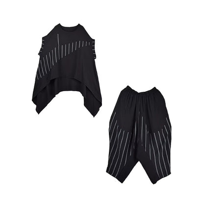XITAO Irregular Striped Print Sets Patchwork O-neck Short Sleeve Loose Slimming Elastic Waist Two-piece Woman Sets ZMY1318