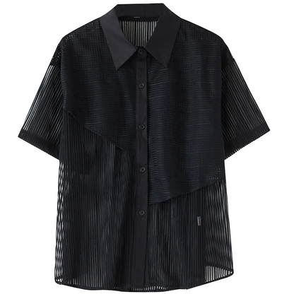 XITAO Striped Gauze Shirt Solid Color Perspective Short Sleeve Women Irregular Top Summer Personality New Shirt ZY8868
