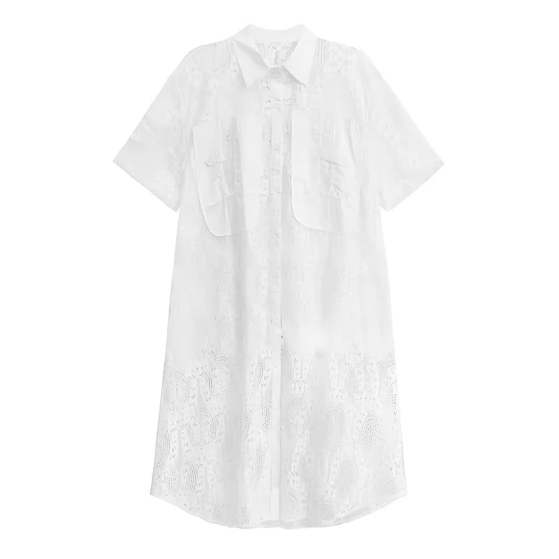 XITAO A-line Solid Color Casual Turn-down Collar Half Sleeve Dress Patchwork Mesh Hollow Out Loose Autumn Female Dress GMM1085