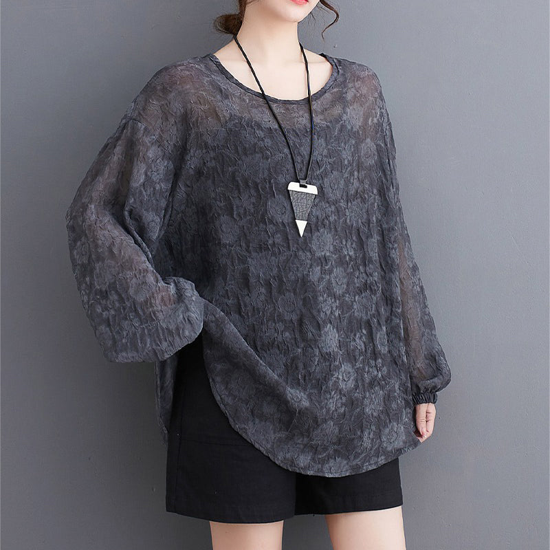 XITAO Jacquard O-neck T-shirt Casual Loose Fitting Full Sleeve Slimming Comfortable Pullover Solid Color Women T-shirt ZMY1127