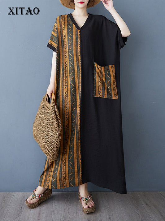 XITAO Patchwork Stripe Pocket Dress Casual Loose Fitting A-line V-neck Long Style Summer Women Dress ZMY1116