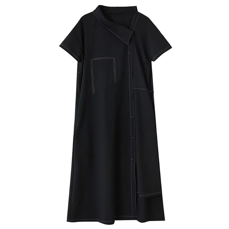 XITAO Asymmetrical Patchwork Pocket Dress Single Breasted Solid Color Short Sleeve Vintage Casual Match Slimming Dress ZMY1339