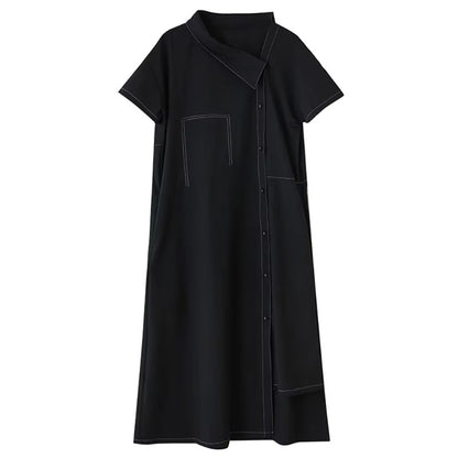 XITAO Asymmetrical Patchwork Pocket Dress Single Breasted Solid Color Short Sleeve Vintage Casual Match Slimming Dress ZMY1339