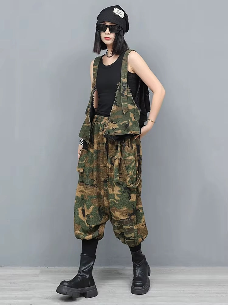 XITAO Pocket Patchwork Denim Sets Sleeveless V-neck Elastic Waist Loose Casual Two-piece Personality Summer Woman Sets GYX1665