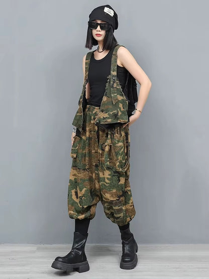 XITAO Pocket Patchwork Denim Sets Sleeveless V-neck Elastic Waist Loose Casual Two-piece Personality Summer Woman Sets GYX1665