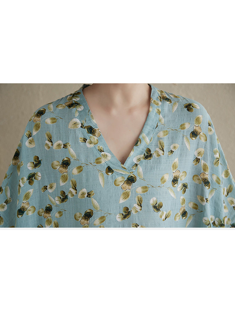 XITAO Vacation Style Loose V-neck Dress Print Pullover Batwing Sleeve Vintage Slimming Ankle-Length All Match Dress  ZMY1002