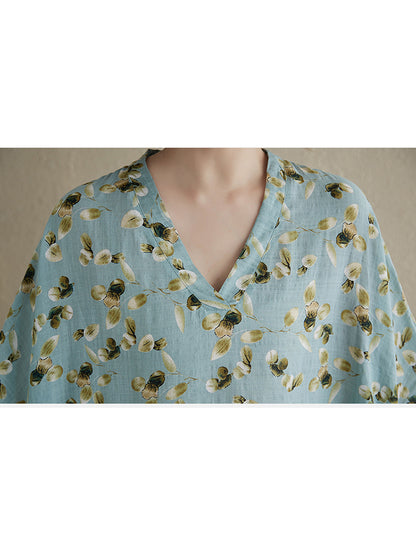 XITAO Vacation Style Loose V-neck Dress Print Pullover Batwing Sleeve Vintage Slimming Ankle-Length All Match Dress  ZMY1002