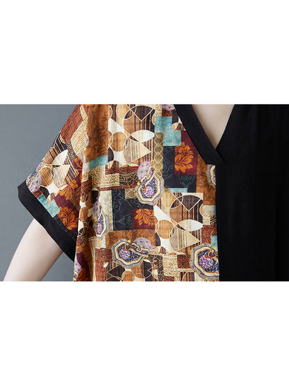 XITAO V-neck Pullover Short Sleeve Pocket Dress Contrast Color Patchwork Loose All Match Summer Slimming Women Dress ZMY1084