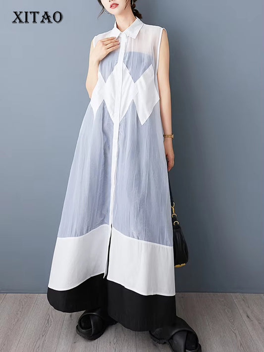 XITAO Rhombus Gauze Patchwork Sleeveless Dress Solid Color Turn-down Collar Single Breasted Loose Perspective Dress ZY8941