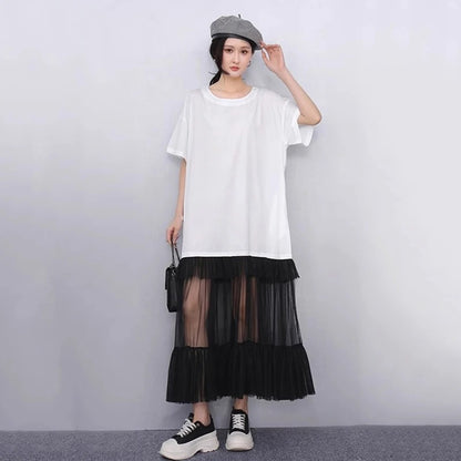 XITAO Gauze Patchwork Loose Female Dress O-neck Short Sleeve Casual Simple Slimming Temperament Summer Woman Dress HQQ2496