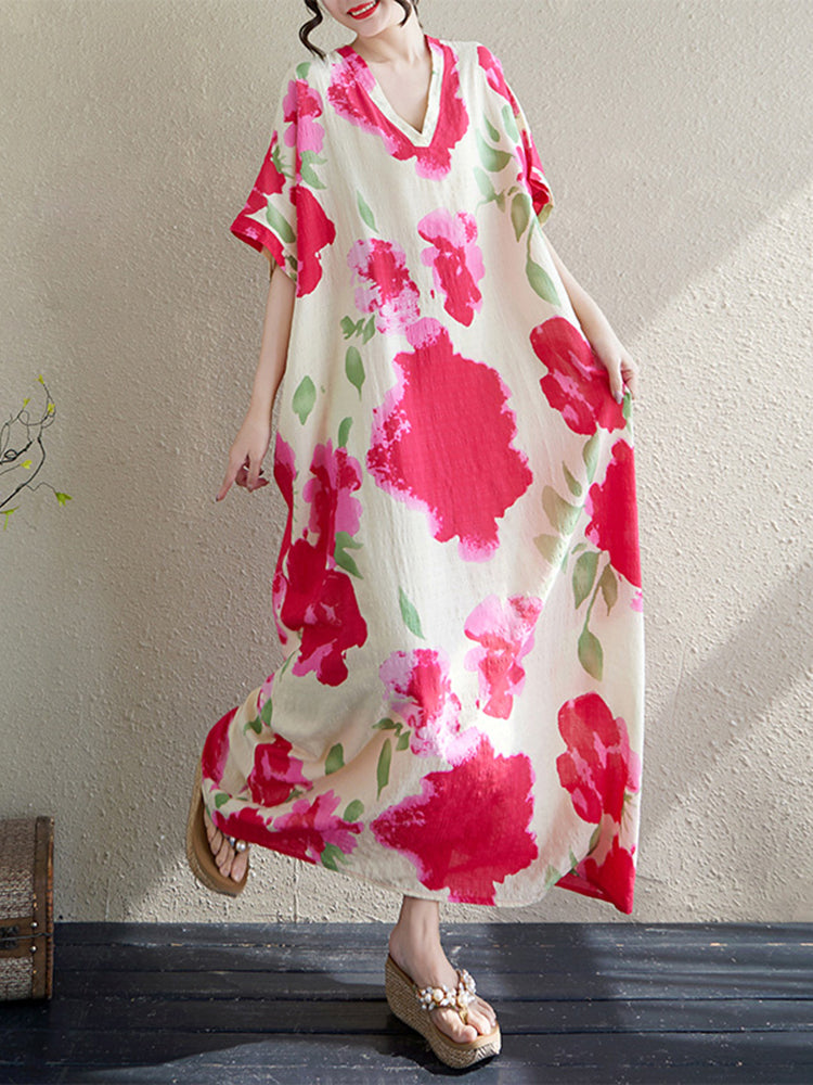 XITAO Contrast Color V-neck Pullover Dress Ankle-Length Loose Short Sleeve Casual Summer Temperament All Match Dress ZMY1087
